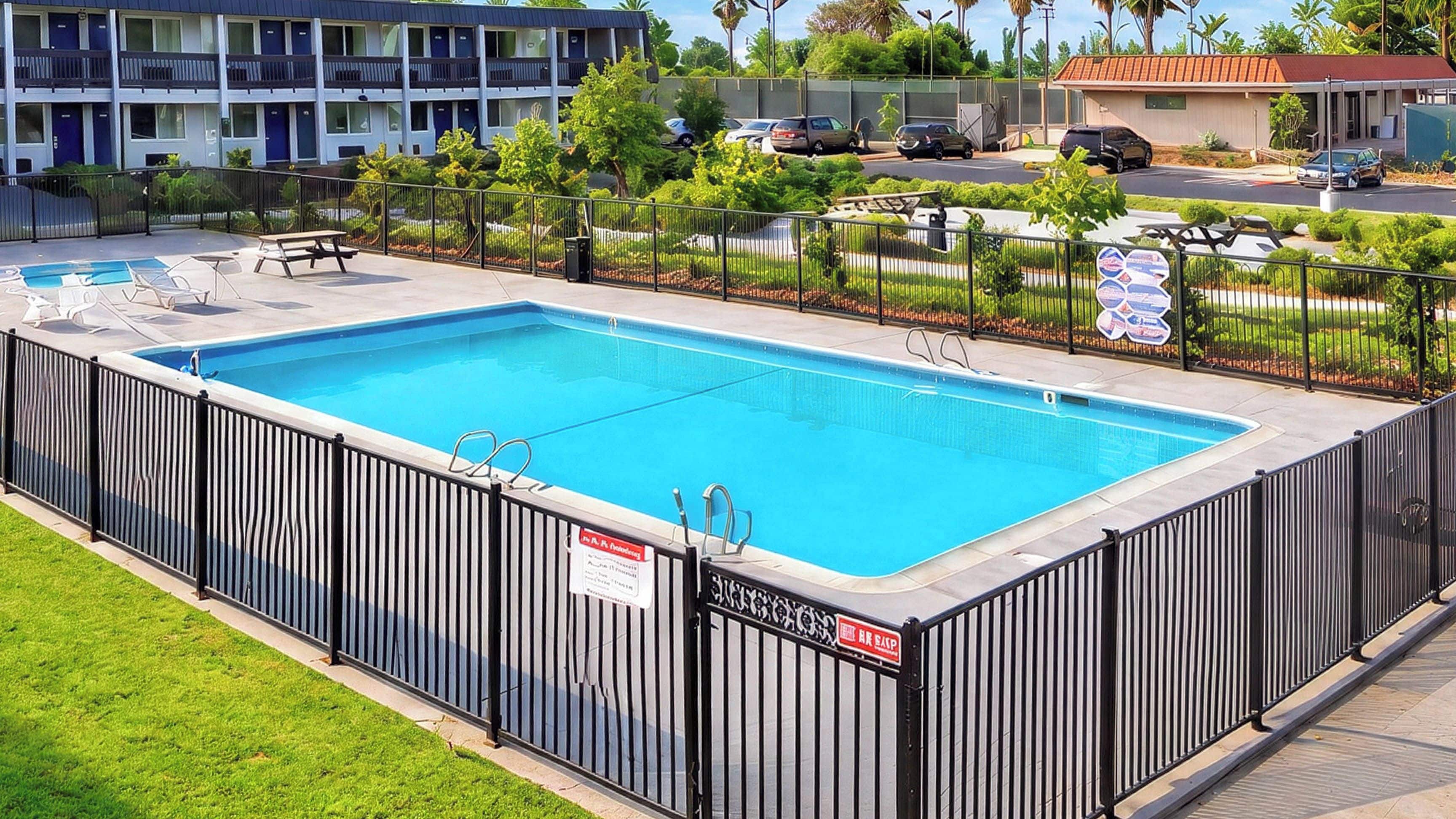 A rectangular swimming pool with a black fence, surrounded by a grassy area and a multi-story building in the background.