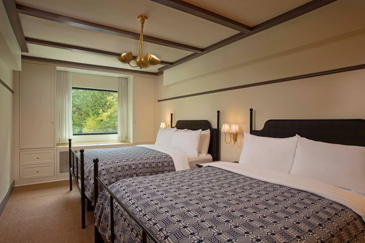Une chambre d’hôtel avec deux lits, une fenêtre donnant sur un paysage verdoyant, un lustre et un luminaire fixé au mur.