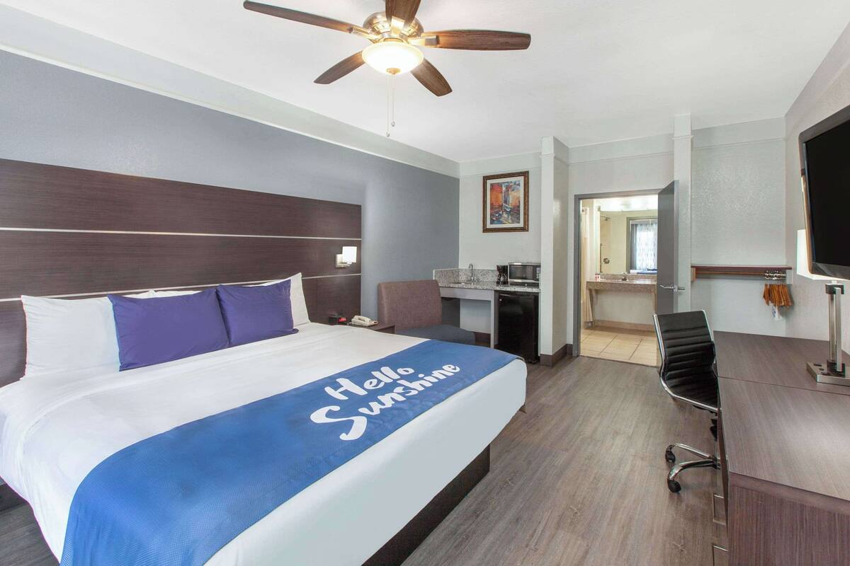 A hotel room with a bed, a desk, a chair, a ceiling fan, a microwave, and a bathroom visible through an open door.