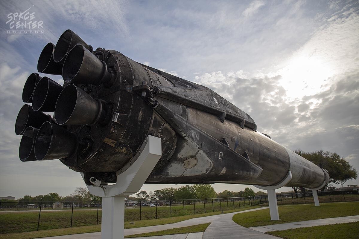 A space shuttle on display at the Space Center Houston.