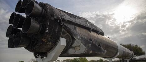 A space shuttle on display at the Space Center Houston.
