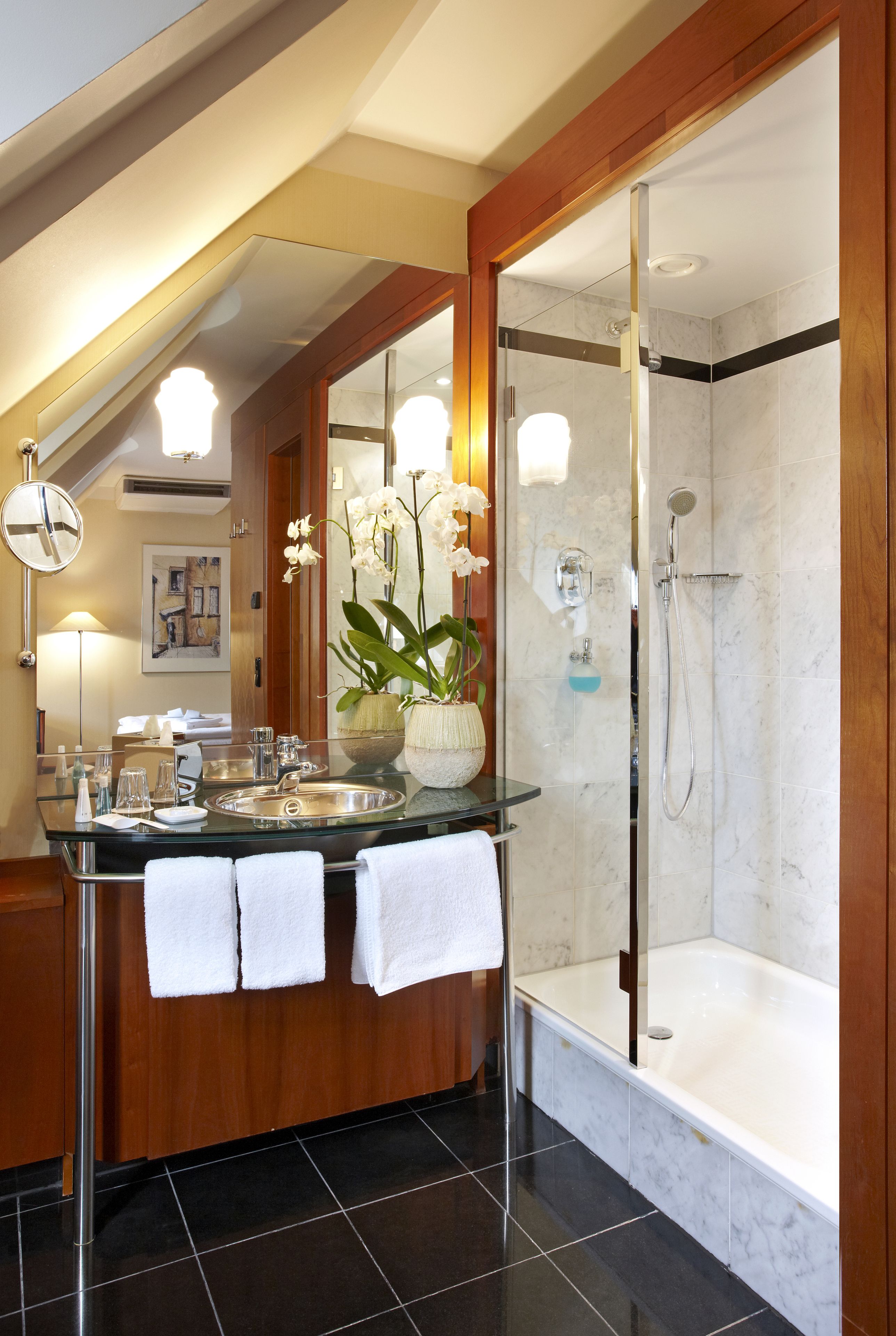 Un baño moderno con ducha de vidrio, un lavabo con espejo y una orquídea en maceta.