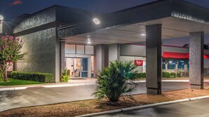 A hotel entrance with a covered parking area, a Red Roof Inn sign, and a small palm tree. - Red Roof Inn Lewisville (Lewisville)