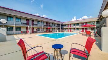 Seasonal outdoor pool, pool umbrellas, pool loungers