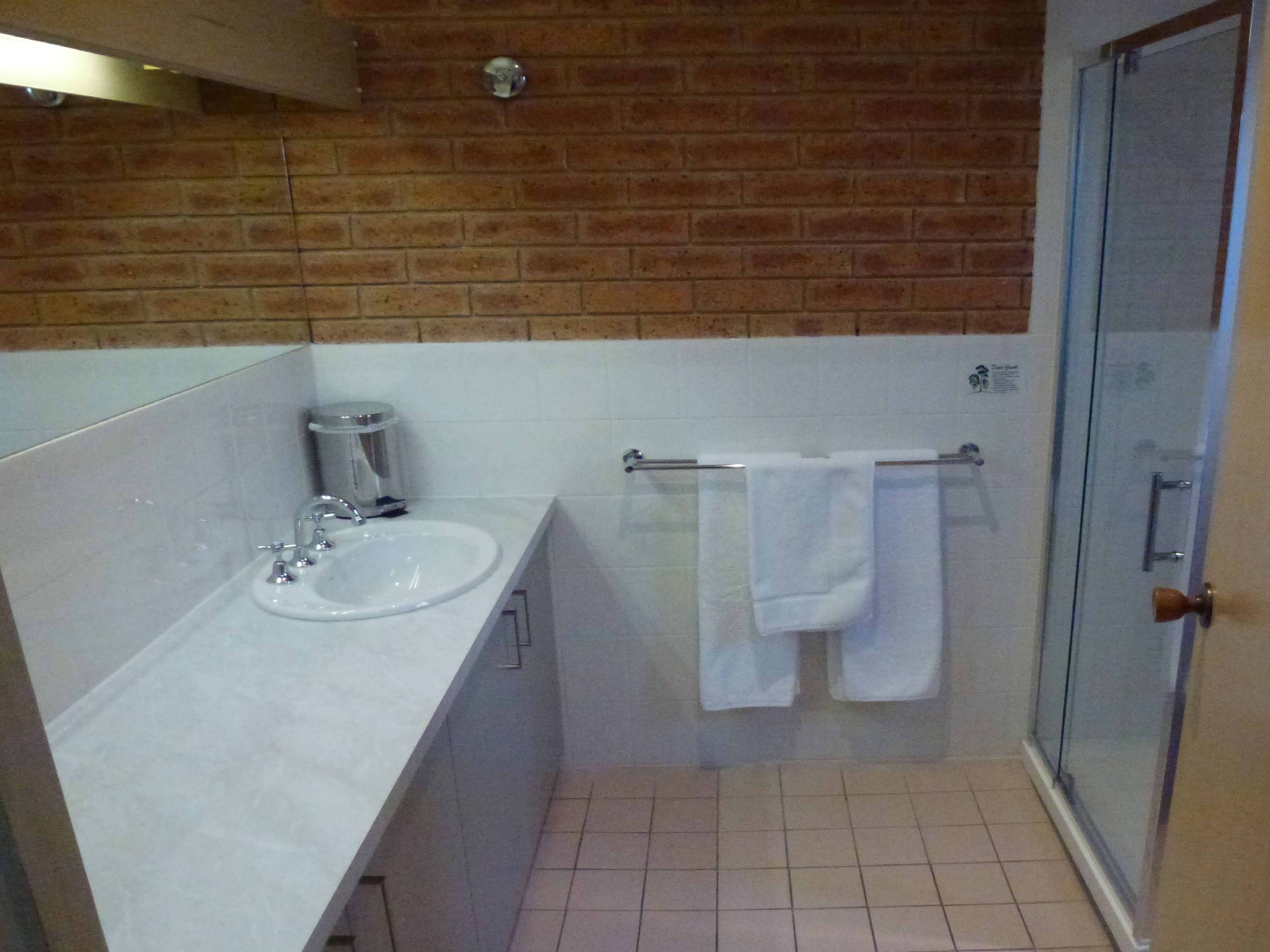 A bathroom with a white sink, a glass shower enclosure, and a towel rack with two towels.