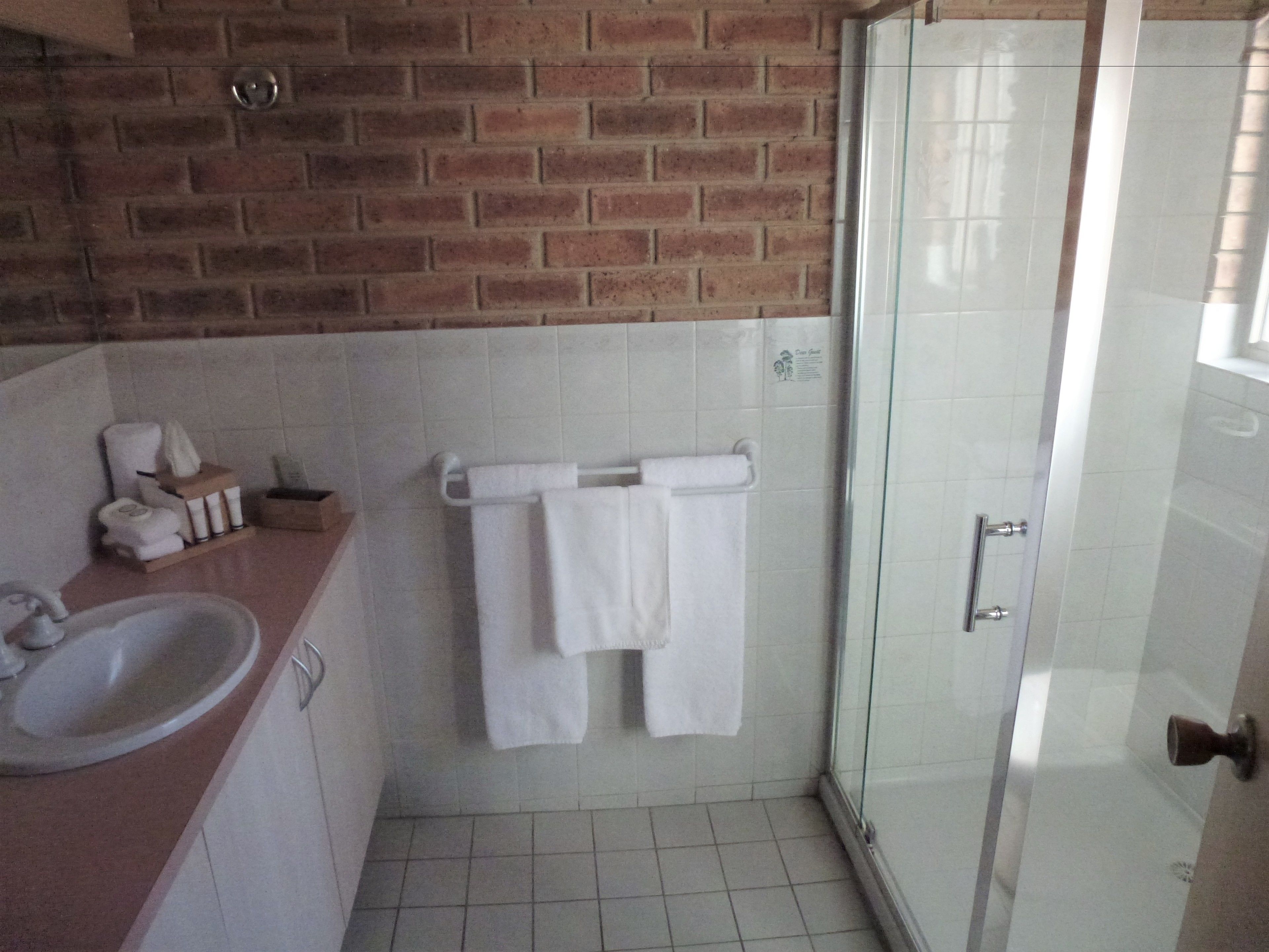 Un baño con lavamanos, cabina de ducha de vidrio y un perchero para toallas.