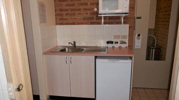 Una cocina compacta con un lavamanos, un microondas y un lavavajillas.