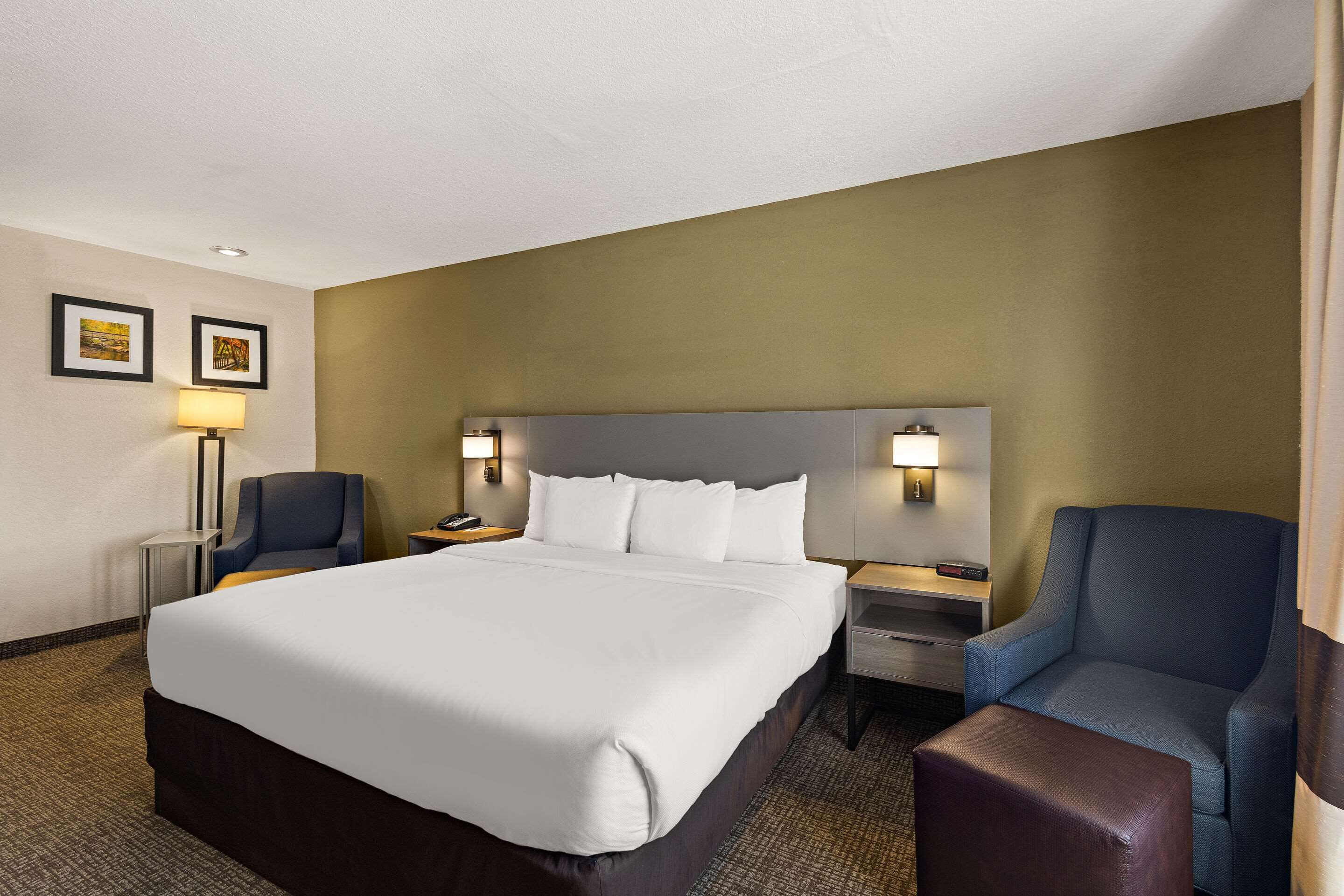 Habitación de hotel con una cama grande, dos mesitas de noche, una silla y un escritorio.