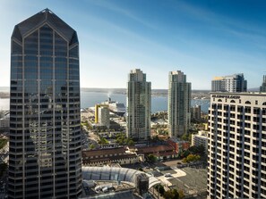 Panoramic city and waterfront views from this high-rise building.