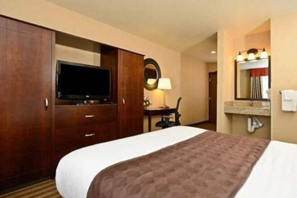 A hotel room with a bed, a television, a desk, a chair, a mirror, and a bathroom with a sink and towel rack.