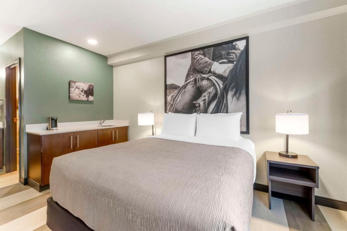 Une chambre d’hôtel avec un lit, une table de chevet, une lampe, un tableau au mur et un petit meuble.