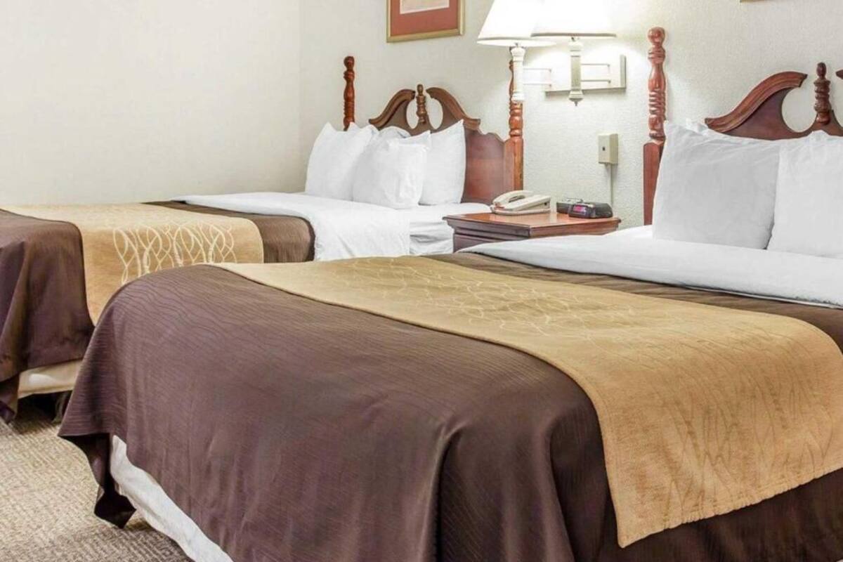 A hotel room with two beds, each with a wooden headboard, white bedding, and a brown blanket. There is a bedside table with a lamp and a phone.