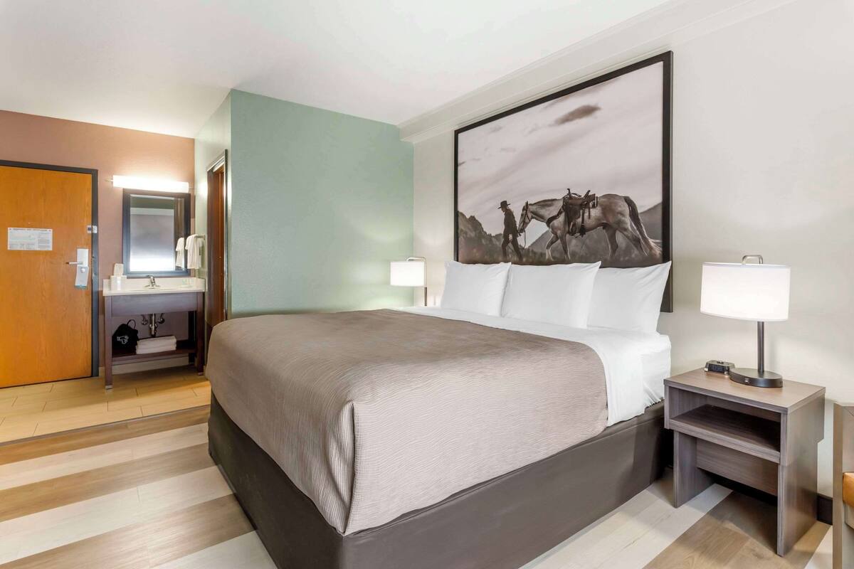 A hotel room with a bed, bedside tables, a nightstand, a mirror, a sink, and a door.