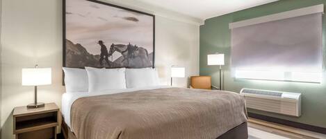 Habitación de hotel con una cama grande, dos mesitas de noche con lámparas, aire acondicionado instalado y un cuadro enmarcado en la pared.