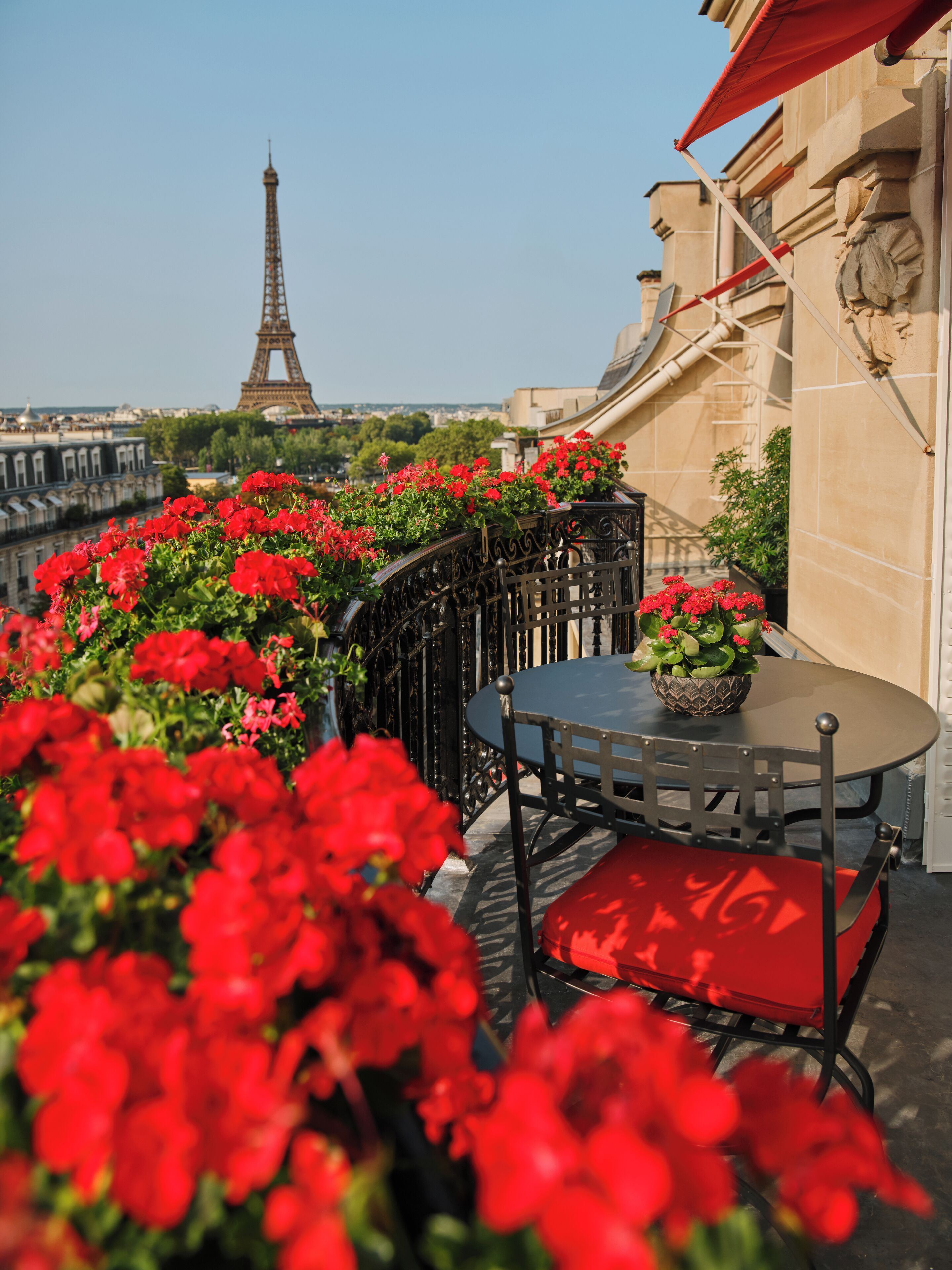 A terrace with red flowers, a table, and a chair. In the background, the Eiffel Tower is visible.