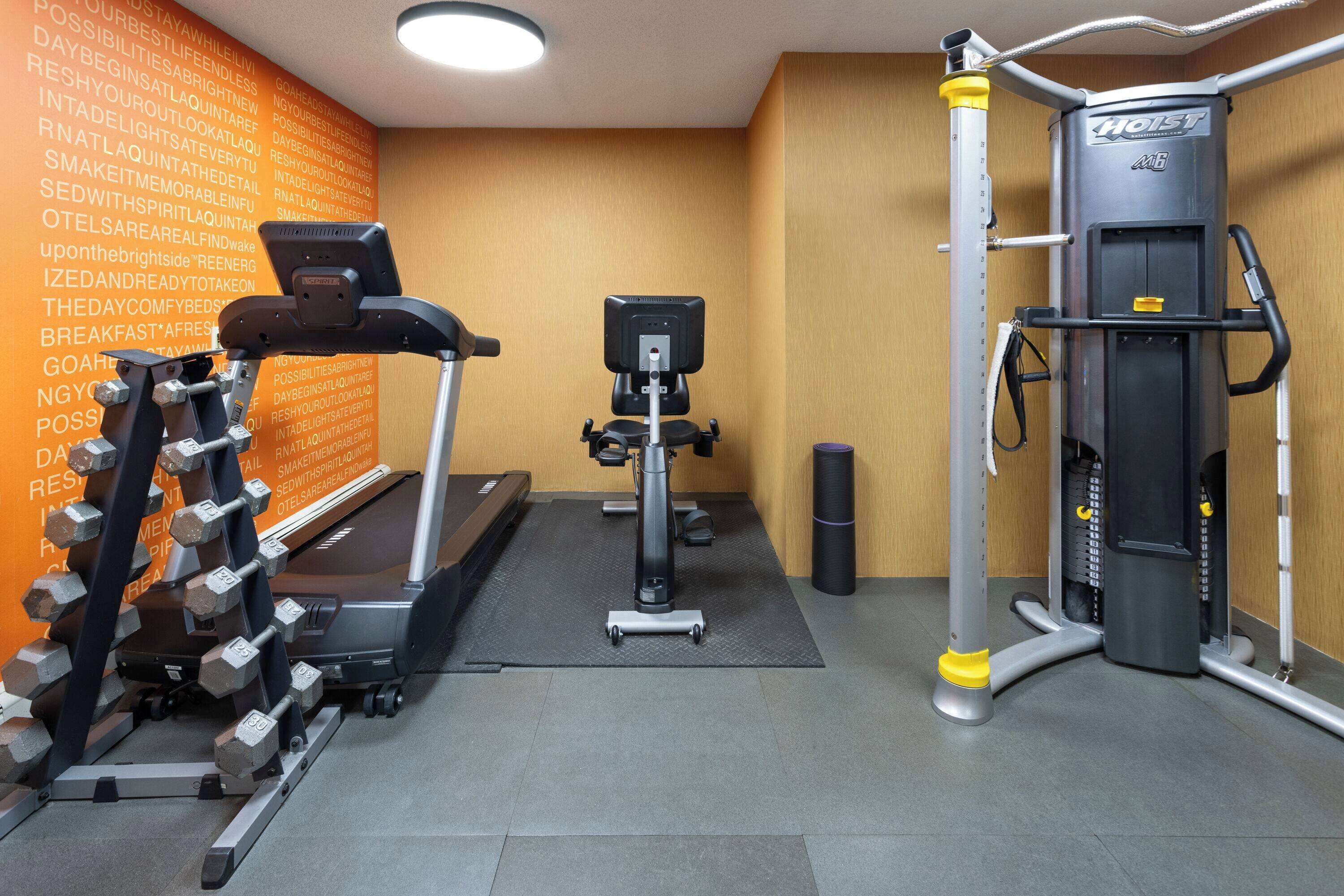 A gym with a treadmill, dumbbells, and a weight machine.