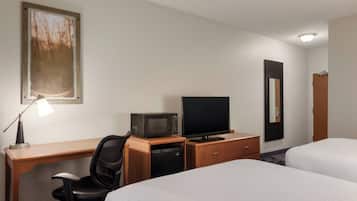 A hotel room with a desk, a television, a microwave, a chair, and two beds.