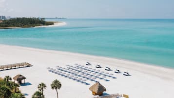 Private beach, white sand, beach cabanas, sun loungers