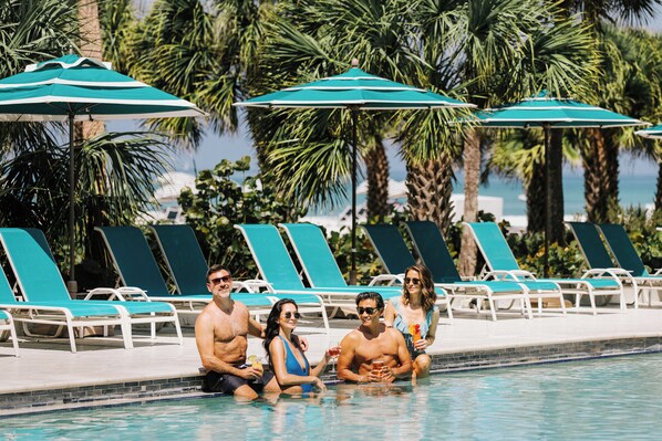 Outdoor pool, pool umbrellas, pool loungers