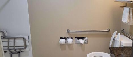 Ein Badezimmer mit Toilette, Handlauf und Handtuchhalter.