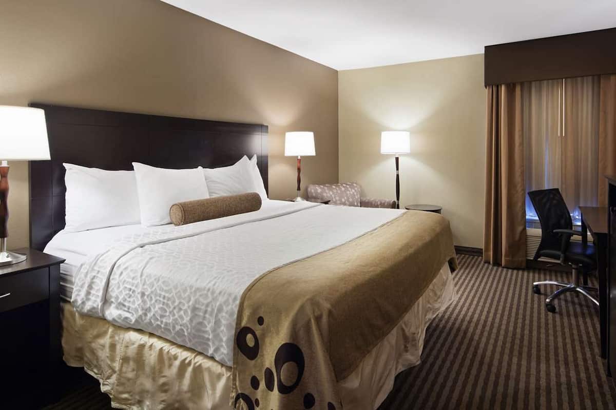 A hotel room with a large bed, two bedside tables with lamps, a desk with a chair, a television, and a minibar.
