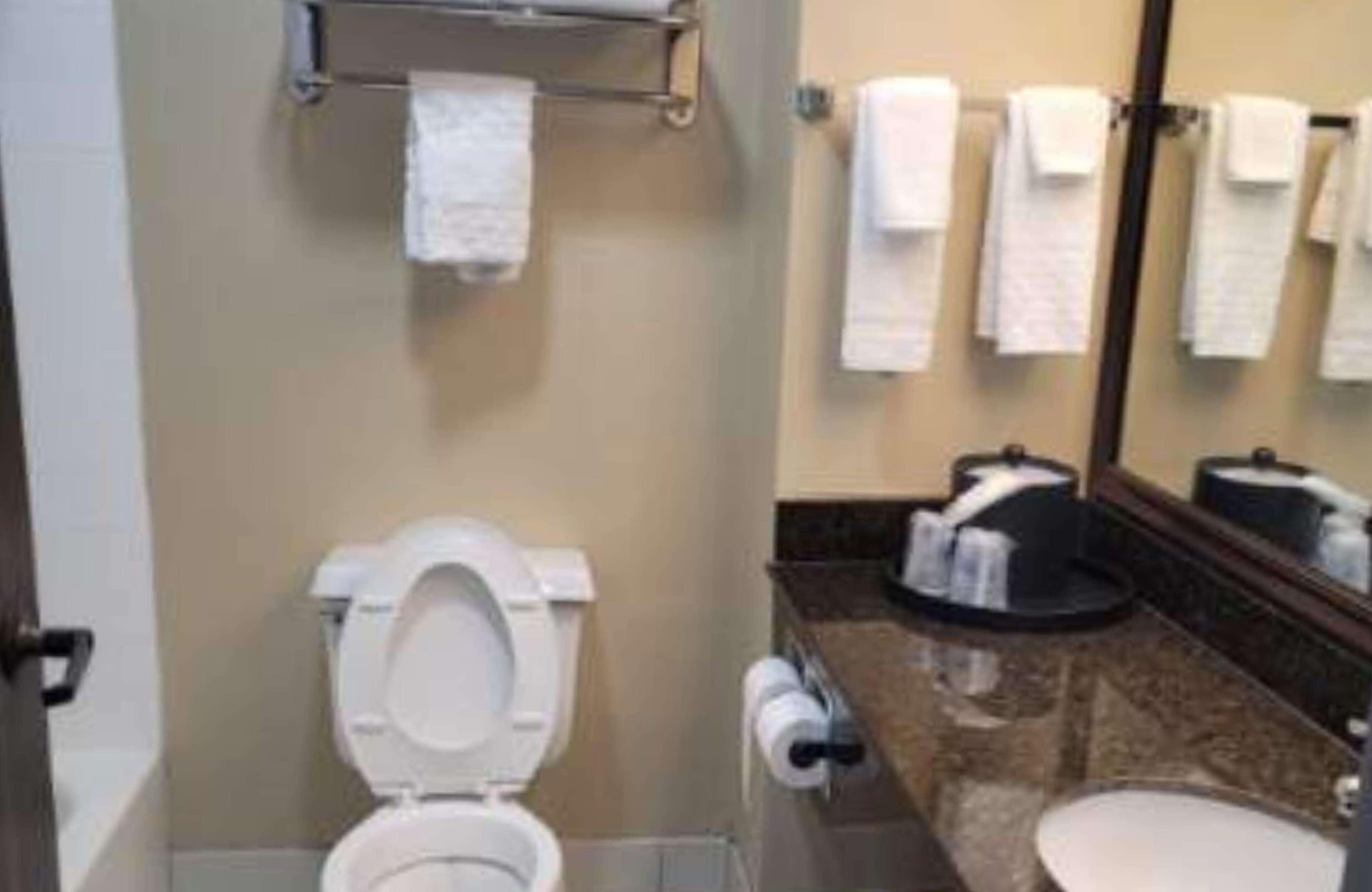 Un baño con inodoro, lavamanos y perchero para toallas.