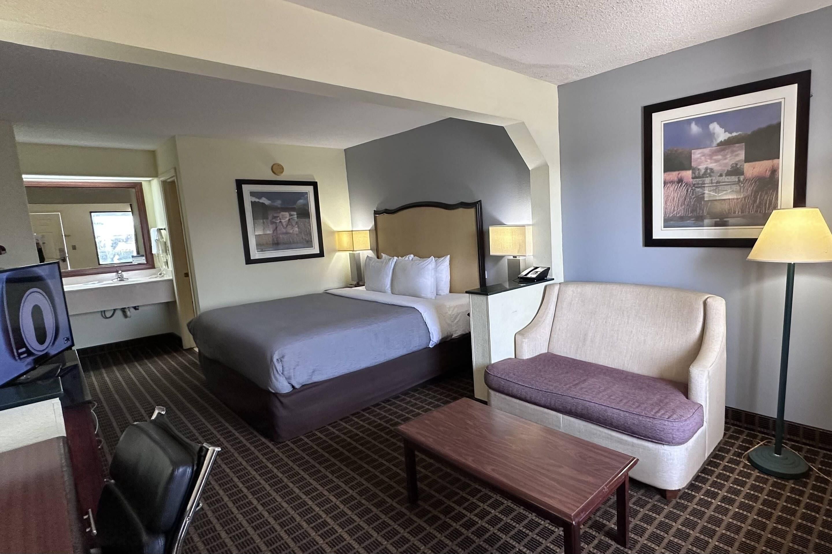 A hotel room with a bed, a chair, a desk with a lamp, a television, and a framed picture on the wall.