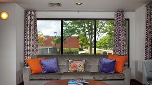 Un salon moderne avec un canapé gris, des coussins violets et orange, une table basse avec des magazines et une grande fenêtre agrémentée de rideaux à motifs.