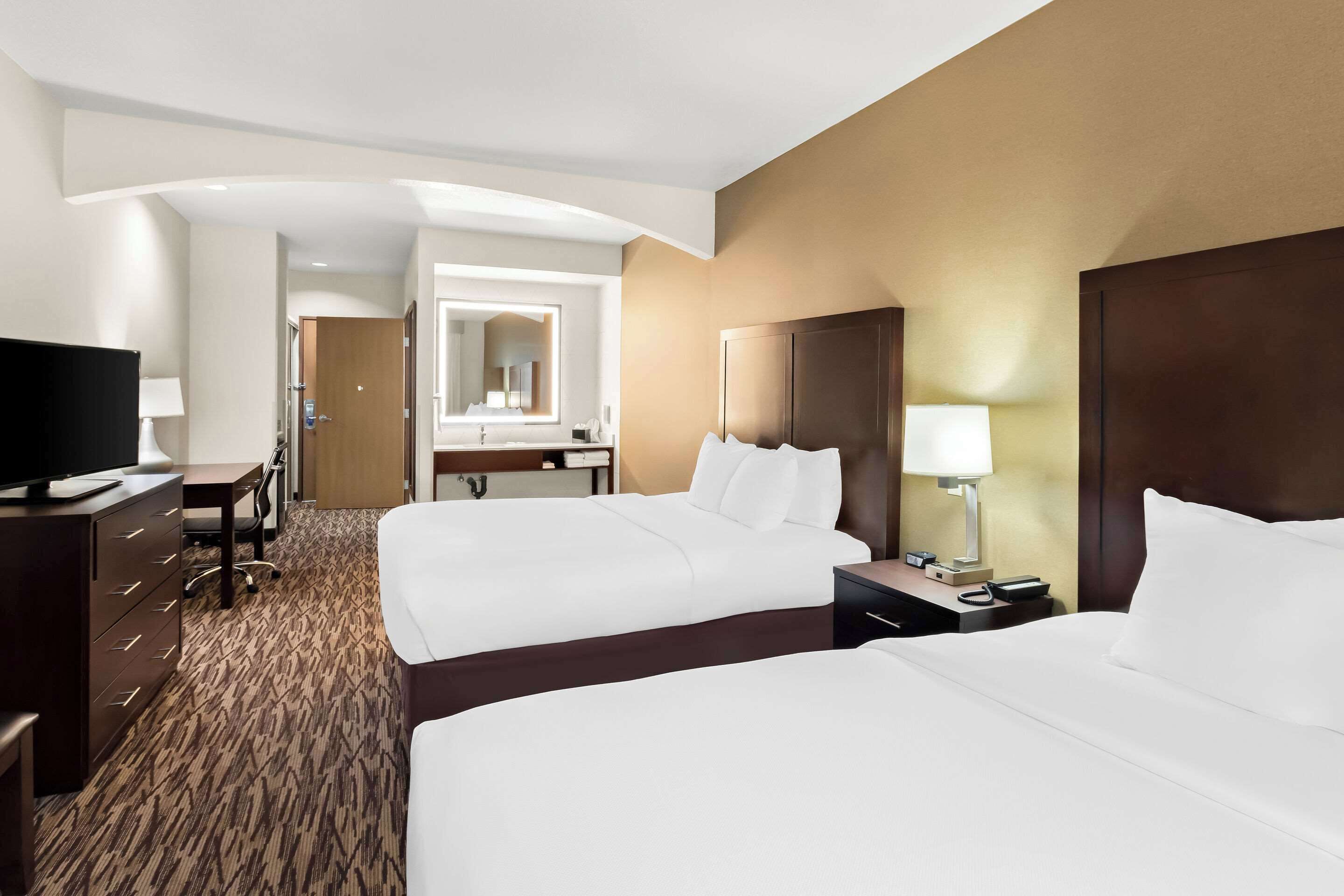 comfort double room, 2 queen beds, non smoking | desk, laptop workspace, blackout curtains, iron/ironing board