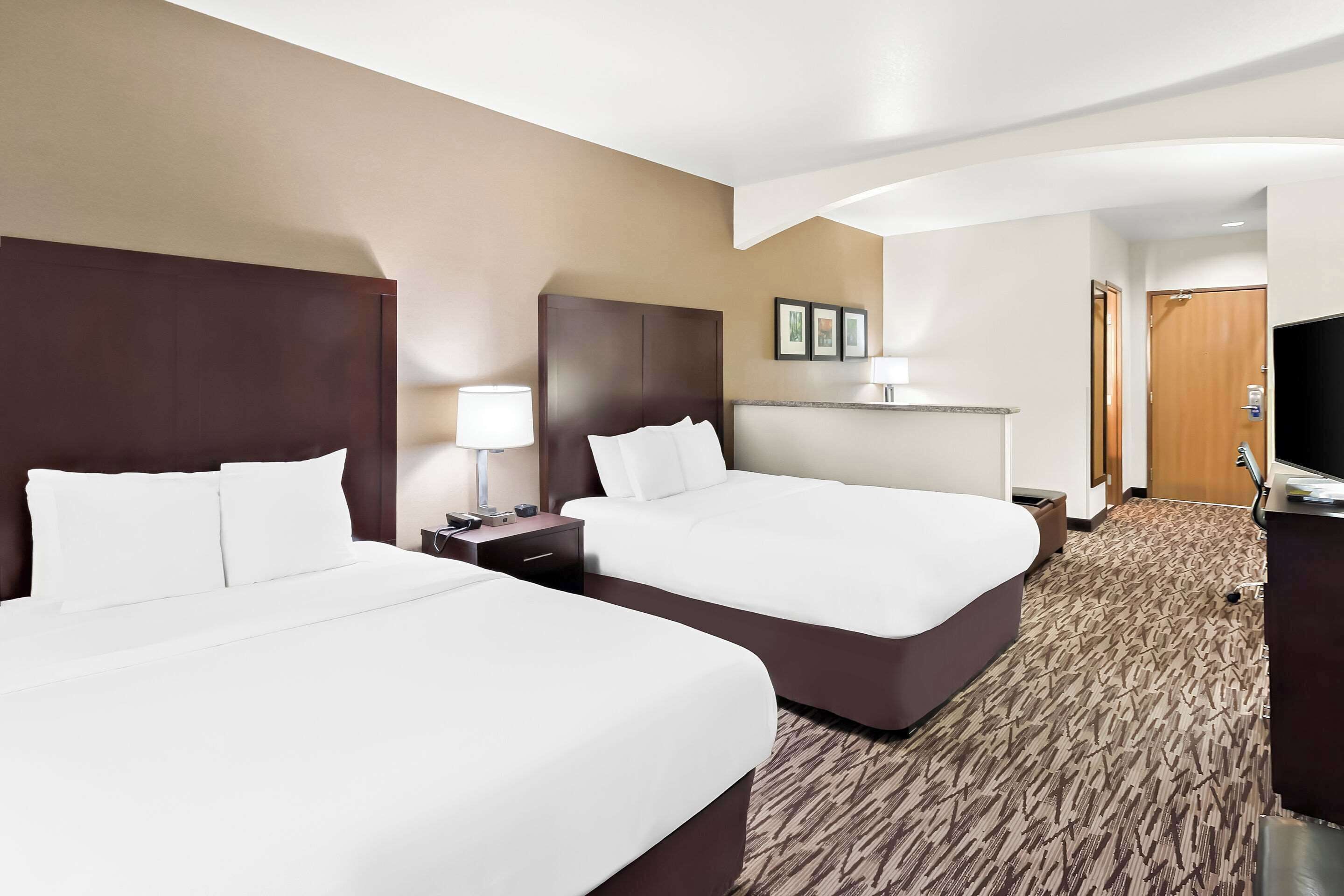 comfort double room, 2 queen beds, non smoking | desk, laptop workspace, blackout curtains, iron/ironing board