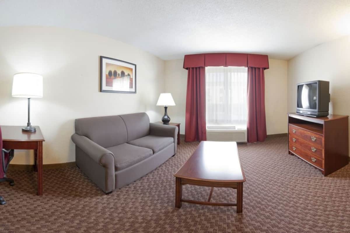 Habitación de hotel con sofá, mesa, televisor en una cómoda, lámpara, cuadro en la pared y ventana con cortinas.