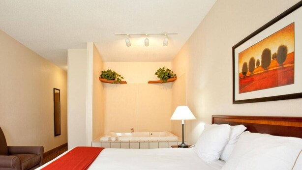 Habitación de hotel con una cama grande, una zona de estar con una silla, una bañera y un estante montado en la pared con plantas.