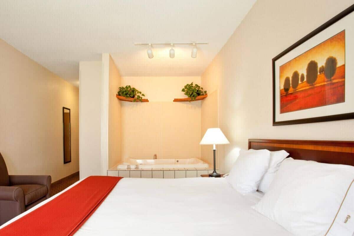 Habitación de hotel con una cama grande, una zona de estar con una silla, una bañera y un estante montado en la pared con plantas.