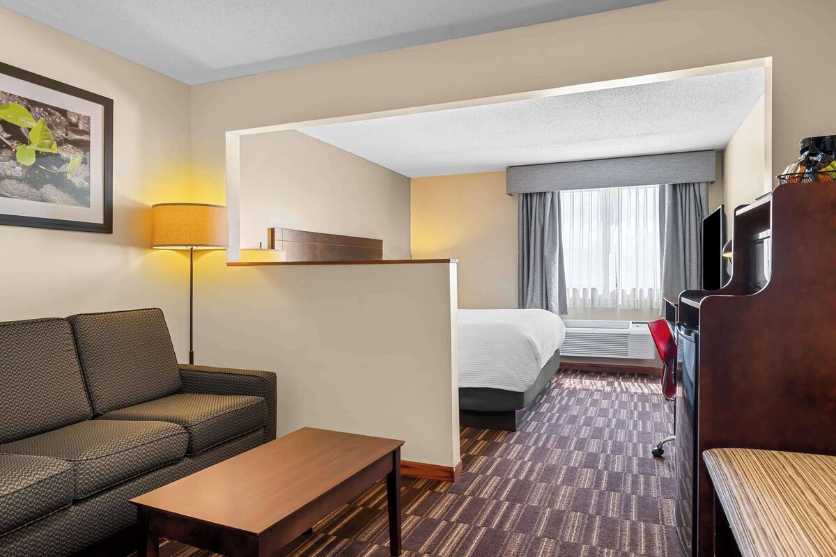A hotel room with a sofa, a small table, a bed, a TV, and a window with curtains.