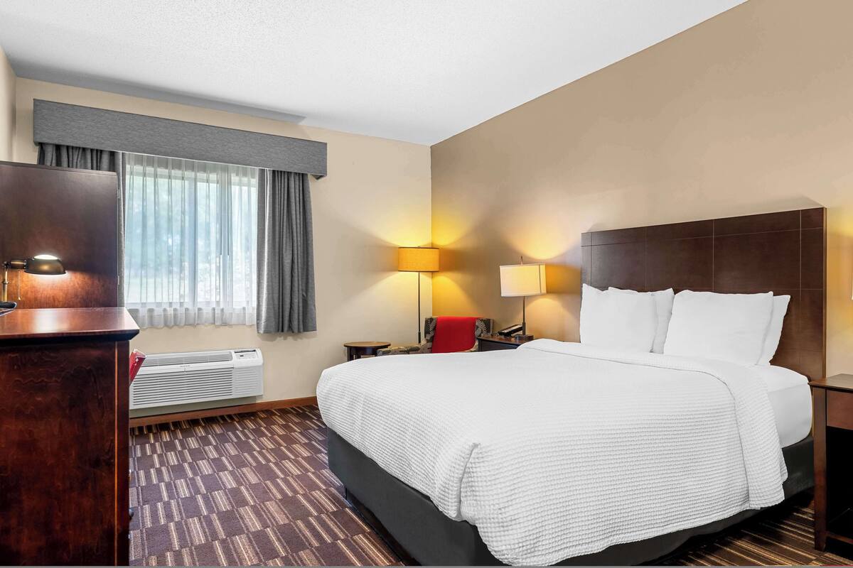 A hotel room with a large bed, a desk, a chair, a lamp, and a heater.