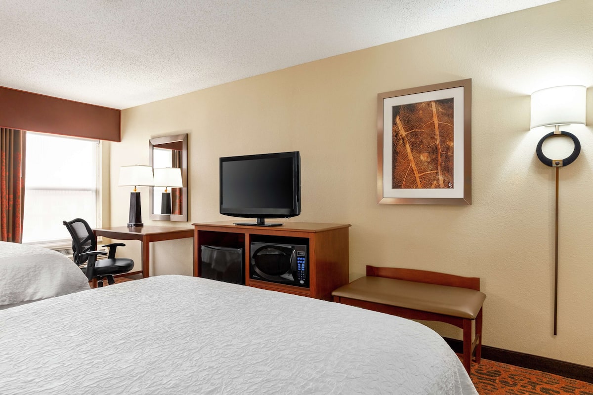 Quarto de hotel com duas camas, televisão, micro-ondas, secretária com abajur, um banco e um quadro na parede.