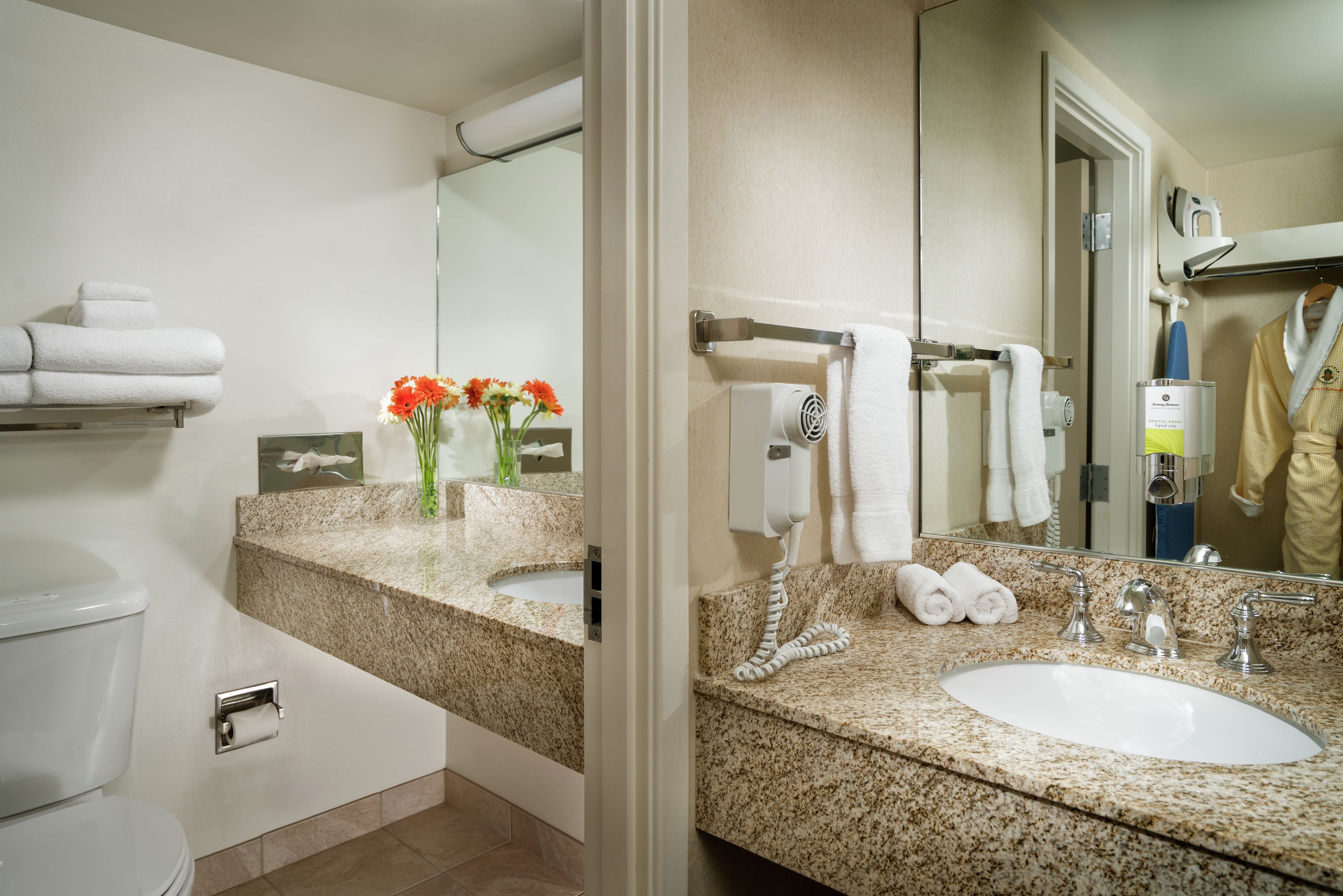 designer toiletries, hair dryer, bathrobes, towels