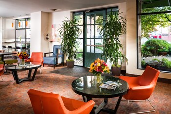 Hotel entrance and lobby at Staypineapple, University Inn, University District Seattle