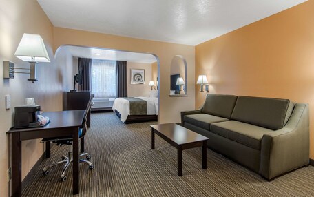 A hotel room with a bed, a sofa, a desk, and a coffee maker.