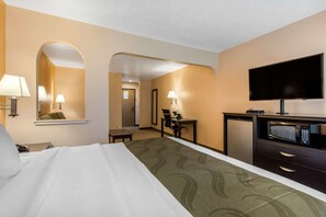 A hotel room with a bed, a desk, a television, and a microwave.