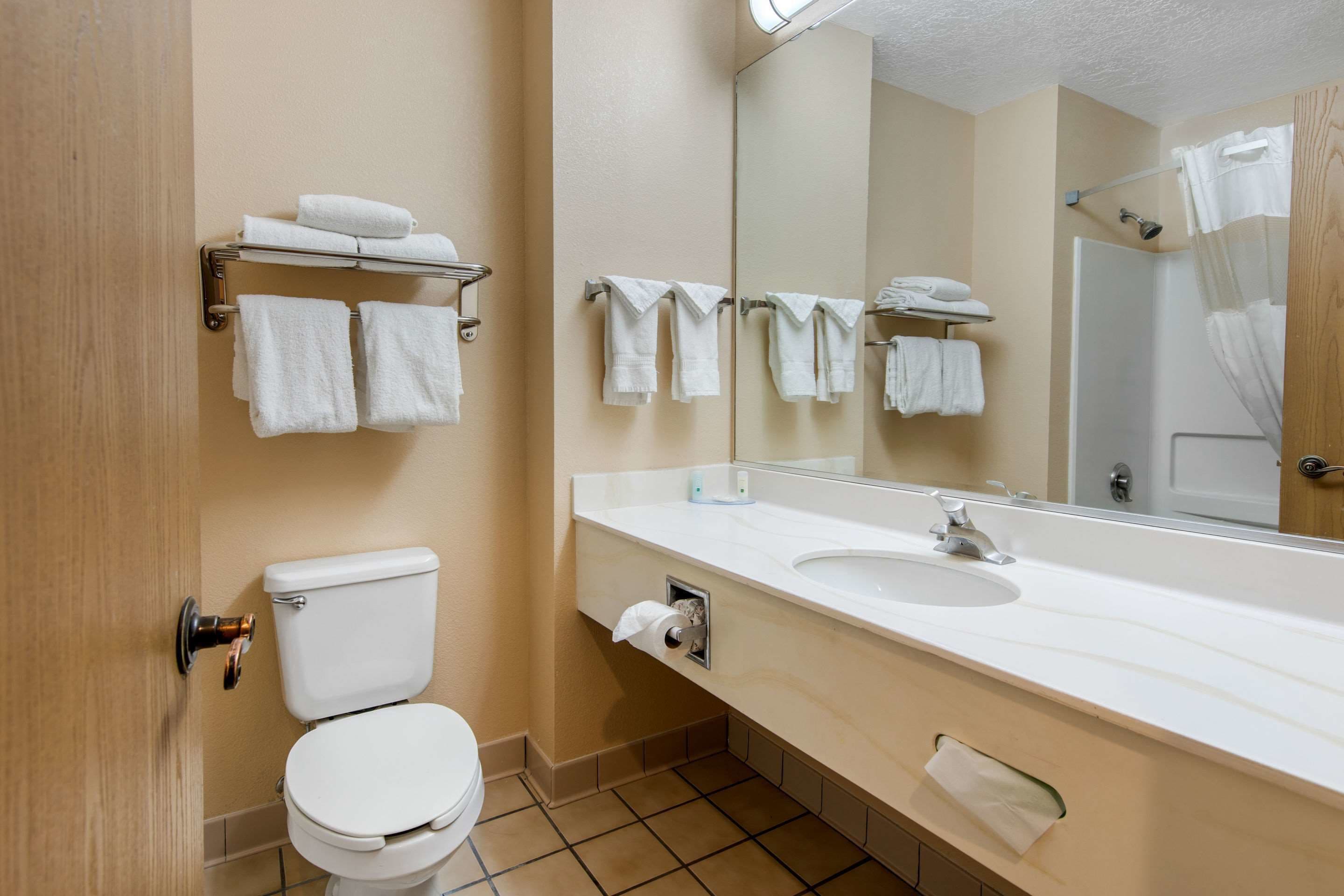 Un baño moderno con inodoro, lavamanos y espejo.