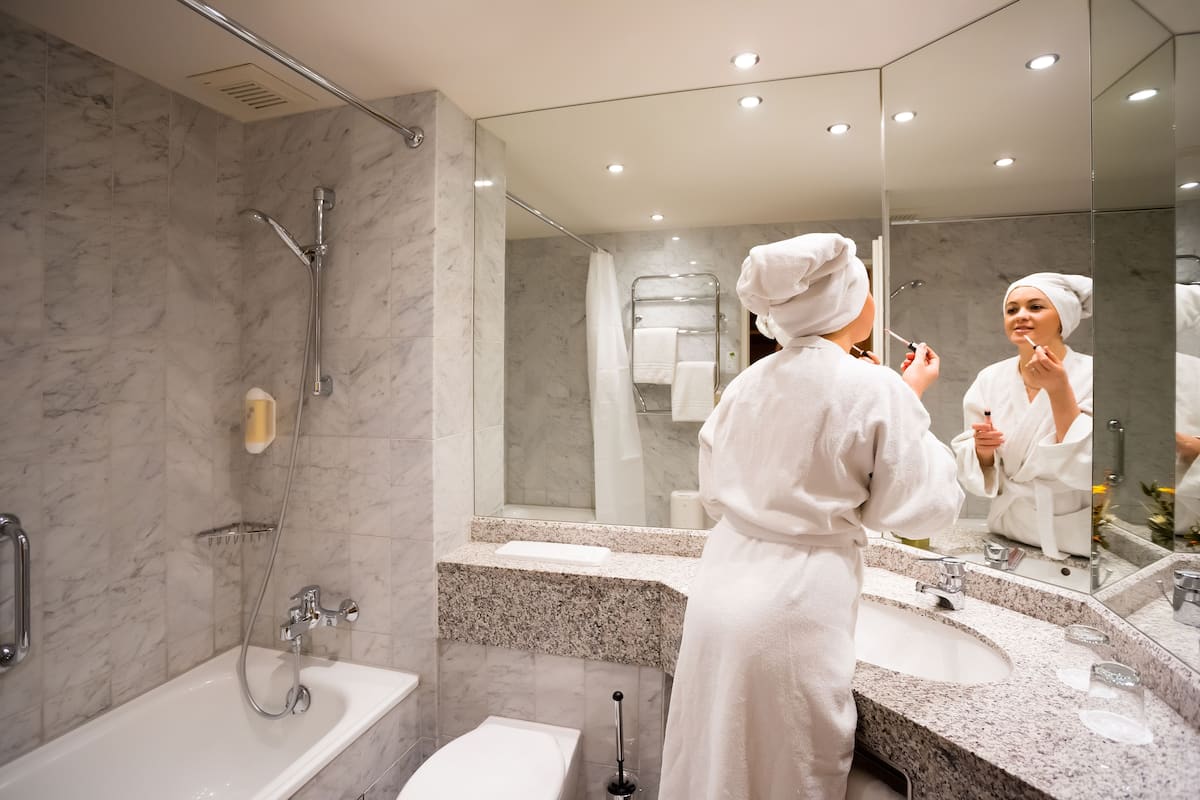 double room comfort | bathroom | combined shower/bathtub, rainfall showerhead, hair dryer, towels