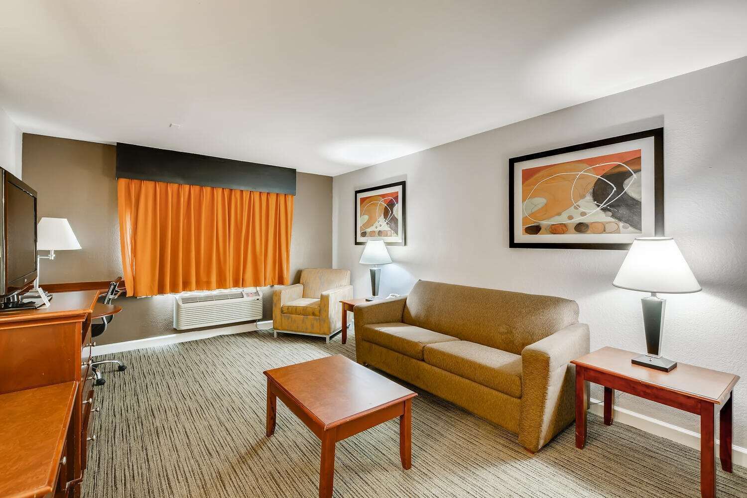 desk, laptop workspace, iron/ironing board, rollaway beds