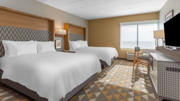 Desk, laptop workspace, blackout curtains, iron/ironing board