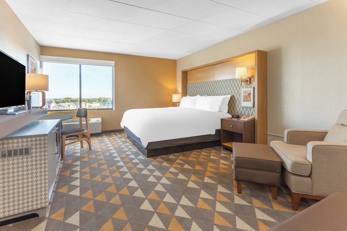 Una habitación de hotel con cama, escritorio con televisor, silla, sofá y piso estampado.