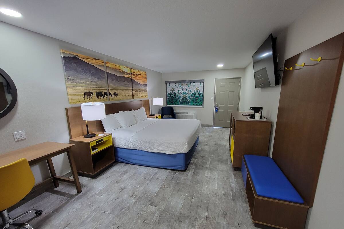A hotel room with a bed, desk, chair, bedside table, lamp, and artwork on the walls.