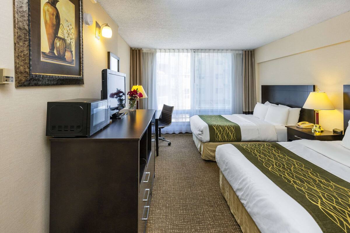 Una habitación de hotel con cama, escritorio, televisión, lámpara y ventana con cortinas.