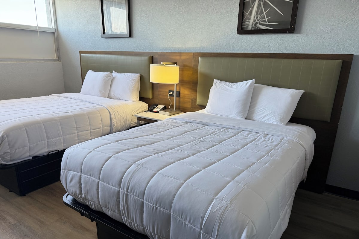 A hotel room with two beds, a nightstand with a lamp, and a framed picture on the wall.