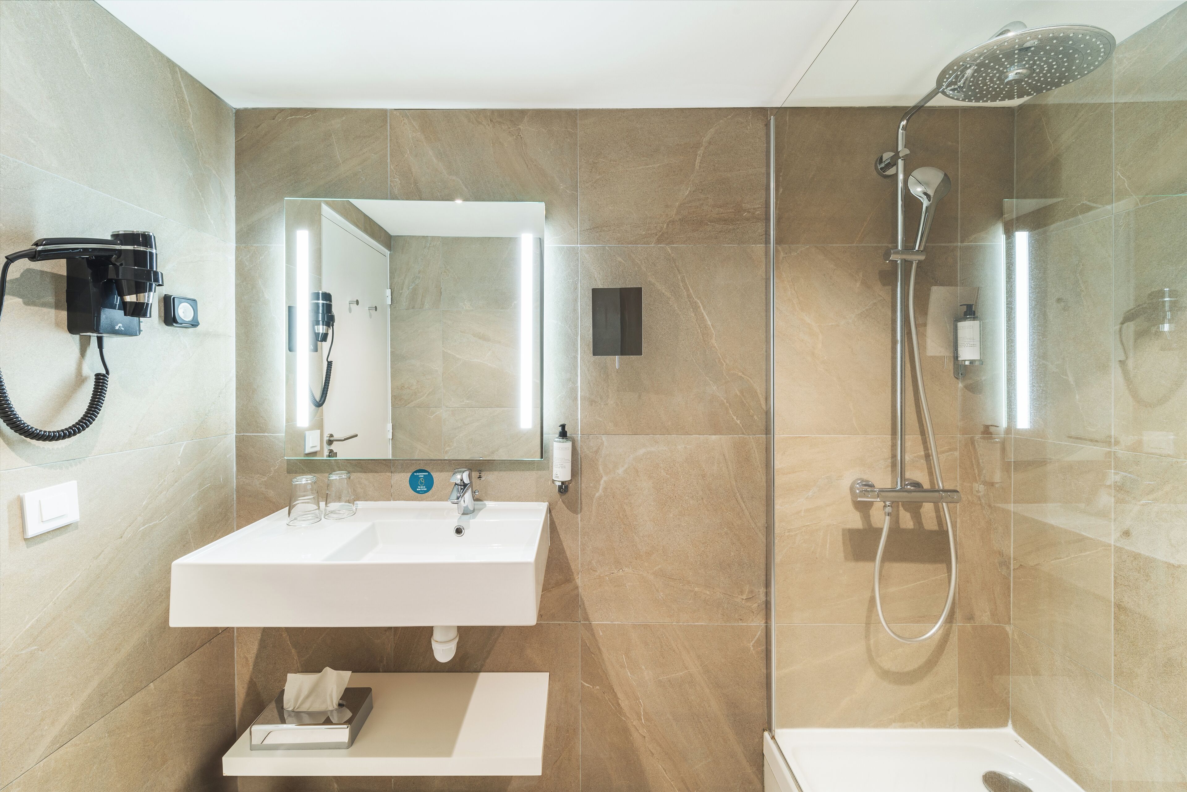 shower, eco-friendly toiletries, hair dryer, towels