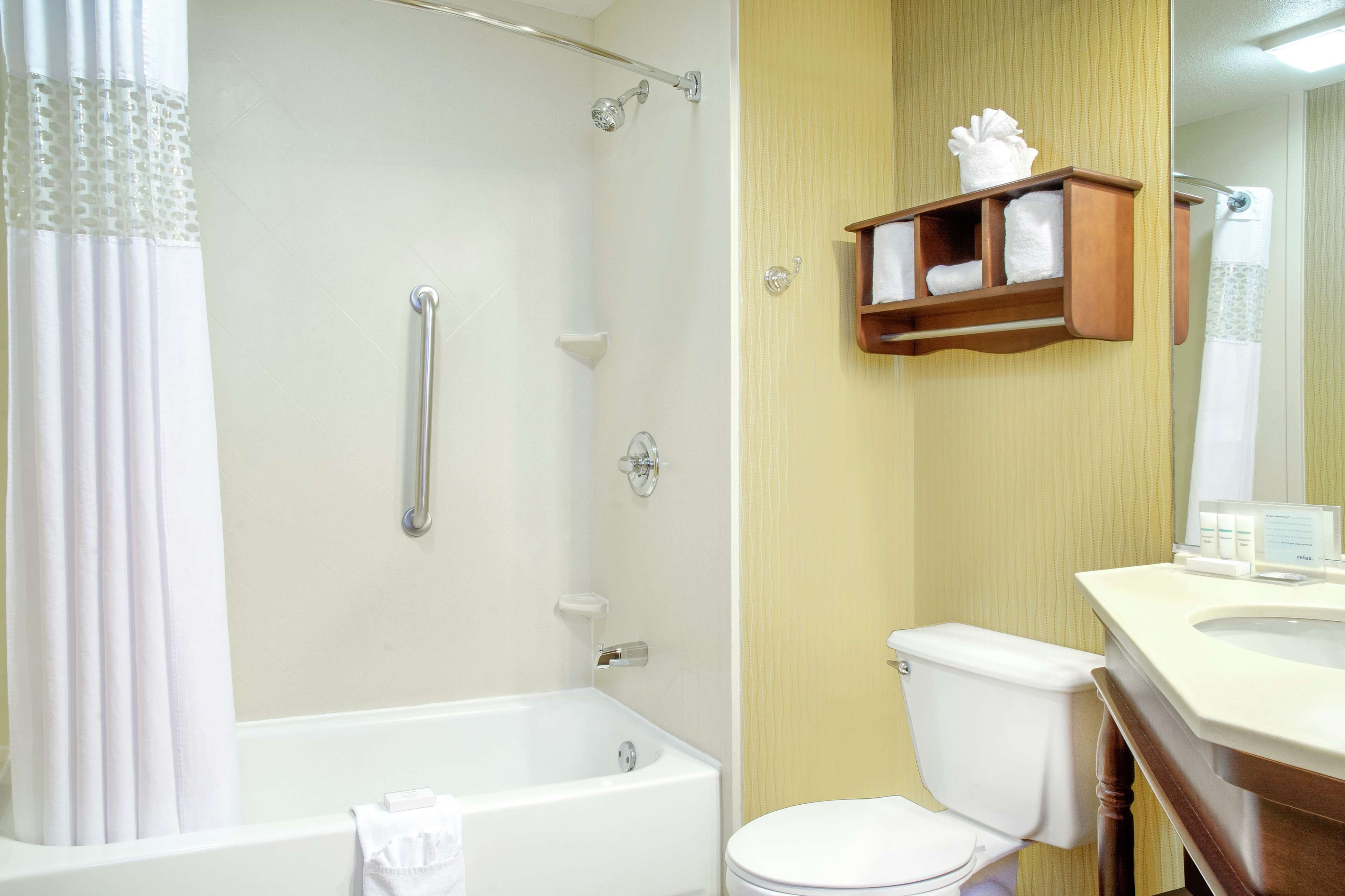 combined shower/bathtub, free toiletries, hair dryer, towels